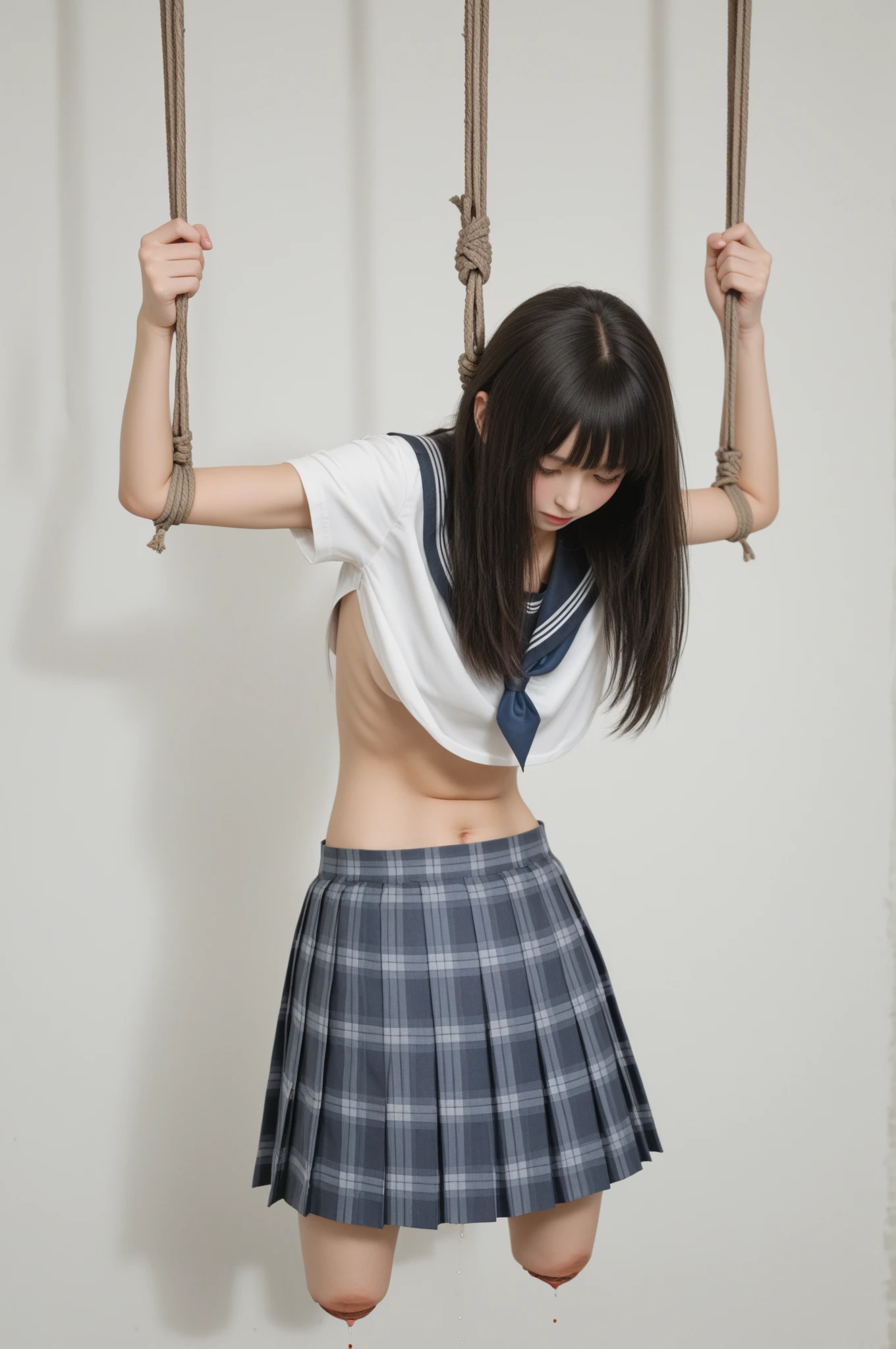 Highest quality,masterpiece,Ultra-high resolution, Very detailed, 8K,a 15 years old beautiful Japanese woman:1.5, Small face, Black Hair, blunt bangs, Breast Augmentation Surgery, (High school uniform:1.5, Pleated skirt), ((Woman tied with rope and hanging from the ceiling:1.5))、 Night School