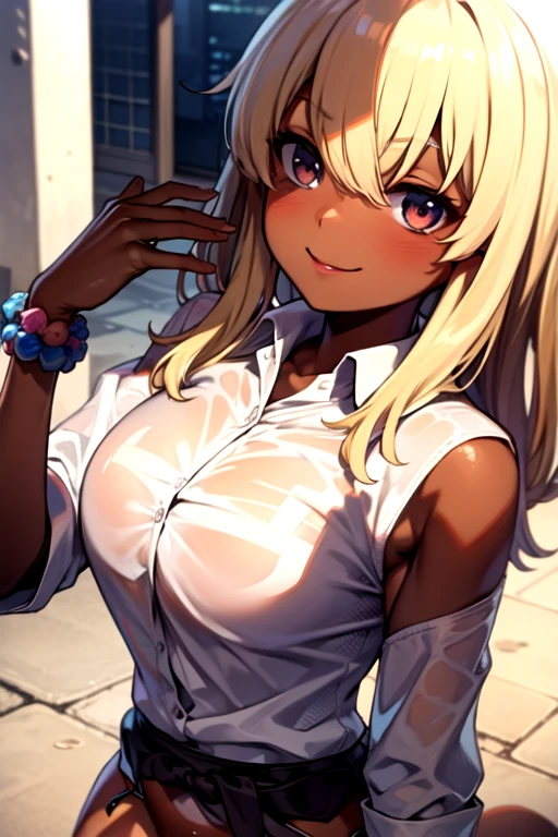 {masterpiece, distinct_image, extremely detailed CG, beautiful eyes and detailed face,realistic, photo realistic, 4k, 8k, high_resolution,perfect_finger, (beautiful_detailed_eyes:1.3), glitter, white_light, (glow_white_face, front_light:1.3), summer_light{1girl, face_focus,cowboy_shot, looking for_in_viewer, standing, (Perfect V-sign pose:1.6) },{adult, curvy, (huge_breasts, wide_hip:1.3), navel, skinny_stomach,tight_gap, groin (white_Y-shirt, black_short_skirt, cleavage, {The most perfectly hidden leopard print bra in a white shirt:1.7), (brown Cardigan tied around the waist: 1.6), red necktie, (tanning_skin, black_skin:1.6), white collar:1.5), (yellow_hair, pink_eyes, long_hair, ponytail:1.3), hime_cut, (half closed eyes, smiling face:1.3), sweat, school hallway background}