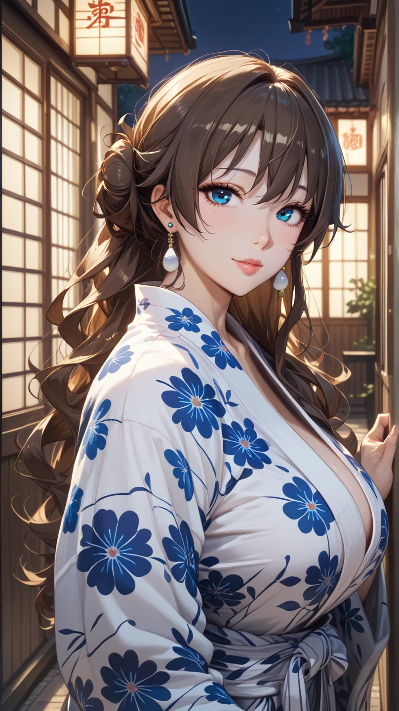 Masterpiece,Highest quality,8k,Ultra-high resolution,appropriate margins,Perfect hands,Perfect Fingers,Perfect human body,Perfect Eyes,((Cowboy Shot)),BREAK,Bright expression,(1 person),(The most beautiful woman),Slim body,((The most extraordinary breasts)),Cleavage,Moisturized Skin,Fair skin,BREAK,((Chestnut Hair)),Side part,Long Hair,ponytail,BREAK,Thin eyebrows,BREAK,Blue eyes,BREAK,(yukata),(Wearing a sash),BREAK,Make eye contact with your audience,Embarrassing,festival