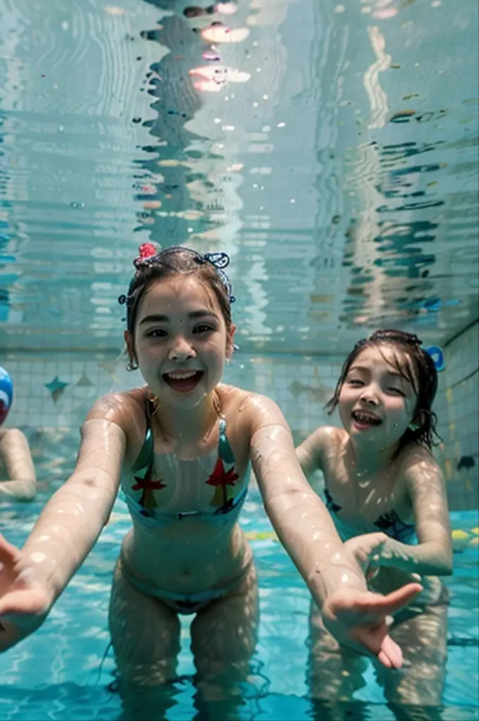 best quality, ultra high res, (photorealistic:1.4), 4 Young Thai girls with blond hair and a bodybuilder physique, hair floats in water, underwater, smile, (sports bra: 1), beautiful detailed, surrounded with sharks, large breasts, taking a selfie