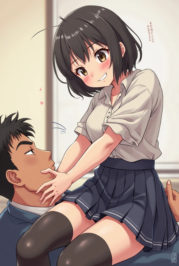 shinkai makoto, kimi no na wa., 1 boy, buzzcut, naked, boy is behind girl, touching boobs, breatsgrope from behind, behind back, hug back, hugging, neck kiss, 1girl, black hair, bow, red bow, brown eyes, collared shirt, headband, red headband, bow, red bow, ribbon, red ribbon, school uniform, shirt, short hair, open mouth, couple, sweater vest, vest, vest lift, vest lift up, white shirt, open clothes, open shirt , partially unbuttoned shirt, boobs, medium breast, light pink bra, bedroom, night, sit on bed