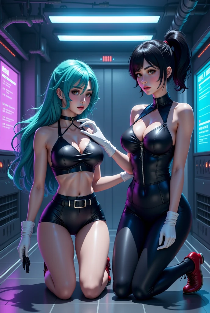 (beautiful arab identical twins in middle of composition:1.5),(black long hair:1.5), detailed and intricate, featuring high-tech, art by (((Syd Mead, Masamune Shirow))), (very enormous breast:1.7),(((aqua_eyes:1.3))) ,intricate eyes,beautiful detailed eyes,symmetrical eyes,

shiny latex is black,latex stockings,revealing clothing,show skin,(((lustrous skin:1.5,bright skin: 1.5,skin tanned,shiny skin,very shiny skin,shiny body,plastic glitter skin,exaggerated shiny skin,illuminated skin,wet legs))), shiny lips, very big ass,inflated legs,(symmetrical detailed face:1.7),toned, sexy, nsfw,

(centered,scale to fit dimensions,Rule of thirds),

cyberpunk city by the ocean at night, with bright neon signs and dark stormy clouds and puddles, scenery:1.25,

artistic photography,(photography taken by sldr),highres, sharp focus, (ultra detailed, extremely detailed), (photorealistic artwork:1.37),(extremely detailed CG unity 8k wallpaper),((synthwave background theme)),(((vibrant colors))),(intricate background),(masterpiece),(best quality),