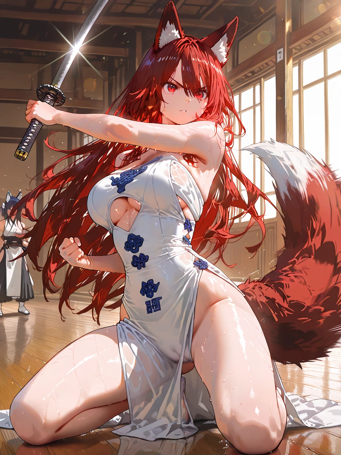 masterpiece, best quality, beautiful art, high resolution, well formed hands, body and fingers, 1 woman, solo, Tania, dragon horns , grown up , adult, hair ribbon,big breasted, cleavage, full body, long hair, hair ornament gorgeous legs and thighs, cosplaying as Mai Shiranui , she is fighting in a combat match at a martial arts tournament, she is getting ready to fight, making her guard pose, action and fighting scene, about to hit the viewer, looking at the viewer, sweating , feeling confident and proud, smiling joyfully and happily, charming her opponent with her beauty, bouncing breasts, fighting scene, martial arts tournament on the beach