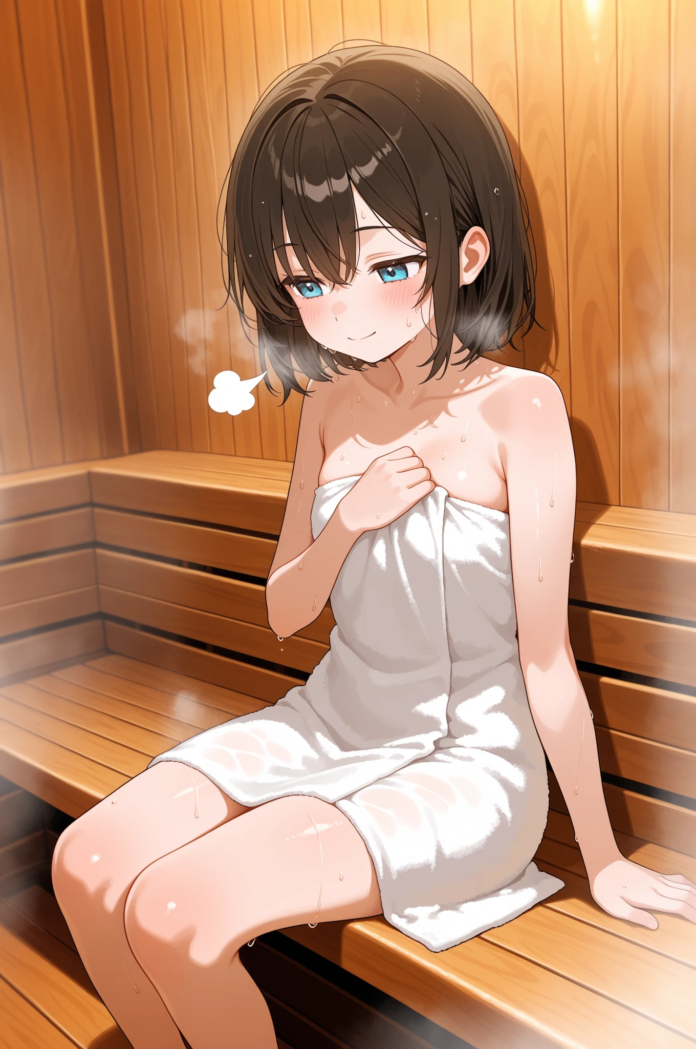 1 girl, alone, (masterpiece, highest quality, 8K, realistic, Real beauties, mulberry: 1.37), looking at the viewer, The whole body can be seen from a short distance, 18-year-old pretty Japan, small breasts, sitting, sauna, double eyelid, droopy eyes, black hair, (Face wet with sweat, sweaty body: 1.2): 0.2, ( White oversized towel fabric dress, strapless: 1.2), (Small size, White towel turban: 1.1), Finnish sauna, realistic body, compensate, gloss lip, focus on face, small face, sharp focus, layered cut, facing the viewer, sauna hat, shot from the front, bright lighting