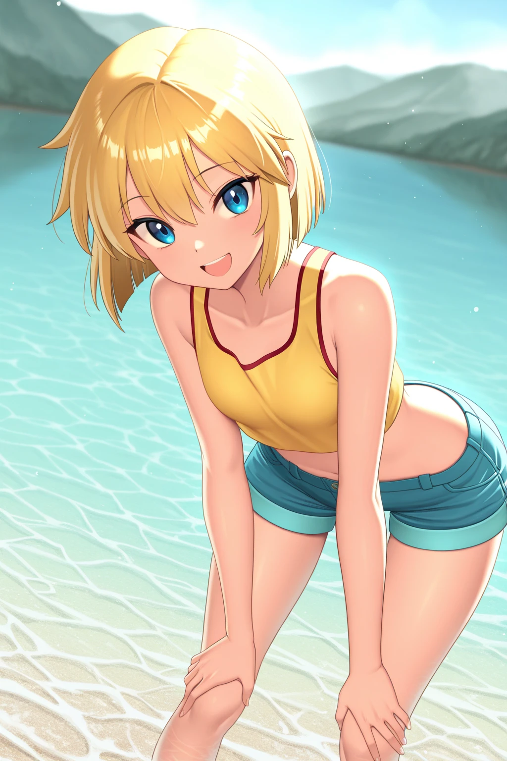 (finely detail:1.4),, ((horizontal striped pattern)), 1girl, cute face, (short stature), (slender), narrow waist, yellow blonde hair, short hair, short hair with short locks, side locks, X hairpin, (green eyes), smile, wariza, medium breasts, (green striped bikini) , cameltoe, covered erectile nipples, (8K, ultra high res, masterpiece, best quality:1.3)(sunny place outdoors:1.4),