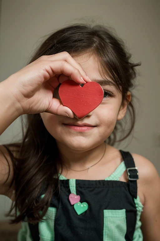 Marina is a 10-year-old girl who loves to take selfies in the park. Ela tem cabelos cacheados castanhos que caem sobre os seus ombros. She wears a red T-shirt with a drawing of a heart and a smile emblazoned on it.. Ela tem olhos castanhos e um nariz arrebitado. She's sitting on a white bench, surrounded by green grass and trees. She holds her phone with her right hand and strikes a fun pose for the camera. She has a cheerful and confident expression. Marina is a nice girl, criativa e curiosa.