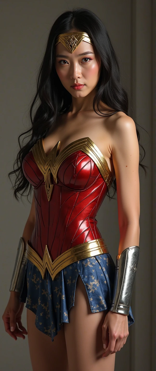 UHD, masterpiece, ccurate, anatomically correct, super detail, high details, high quality, best quality, 8k, highres. The heroine Wonder Woman looks beautiful in a full-length photo. Brown eyes and long black hair transform her into a goddess of beauty. Wonder Woman's outfit consists of a red, blue, and gold costume. The costume includes a red top with gold details, a blue star-spangled skirt, red boots with gold details, gold bracelets, a gold belt, and a tiara with a red star. She looks very sexy, drawing attention to her muscular body.