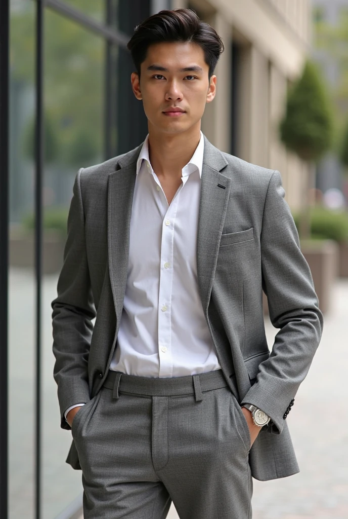 Masterpiece, best quality best, 1 young man, Asian man, East Asian people, one person, The muscles are in good proportion., Posing obscenely, short hair details, sports jacket set , road background, Realistic style,photography,Can be seen from the front, see viewers