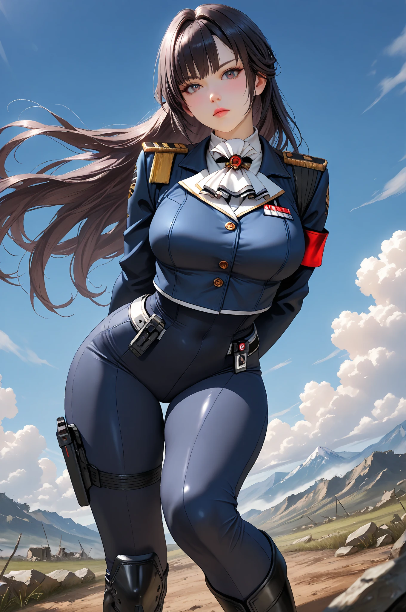1girll,cabelos preto e longos,Qi bangs,Long ponytail,White bow hairpin,red pupils,beauitful face,crisp breasts,Convex buttocks,White tight military uniform,Gold clasp,White pleated skirt,black lence stockings,White gloves,Japanese katana in hand,There are battleships in the background,perfectly proportioned, Cinematic lighting, filmgrain, Fuji colors, lightand shade contrast, 8K, 巨作, Textured skin, Super detail, high detal, High quality, A high resolution,