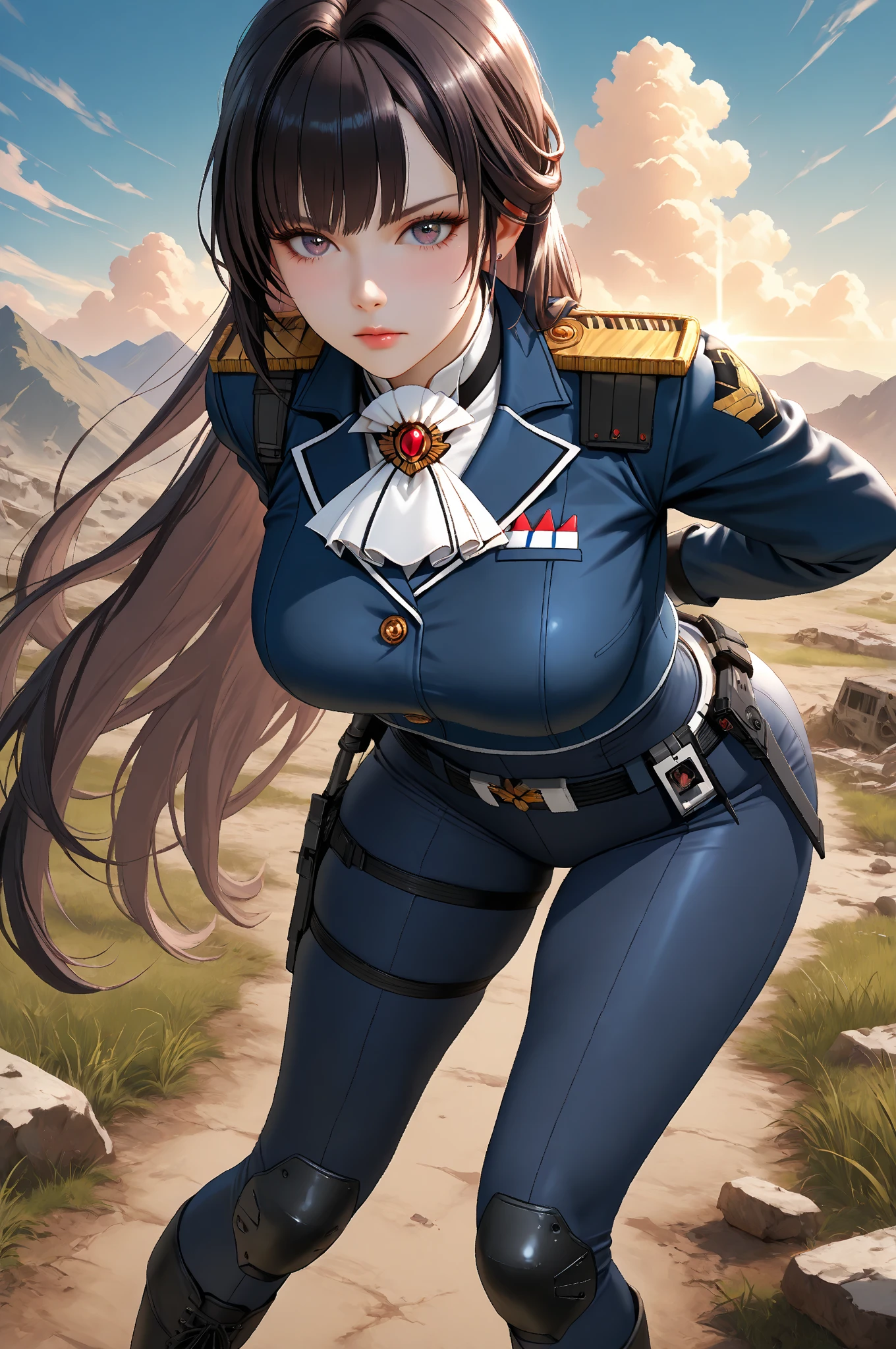 Modest outfit, remote shot, detailed beautiful delicate face, detailed beautiful delicate eyes, perfect facial proportions, high-definition skin, fine skin, four-inch best ratio. With one thumb, masterpiece, highly detailed, realistic, (World War II German general uniform reference : 1.8), highest facial resolution, 26 years old, modestly dressed woman, completely dressed, ( body small, dark blue hair, long hair and fine bangs, dark blue eyes), futuristic, science fiction, fighter plane, standing on the apron, government agency, personality hilarious, cheerful expression, respectful face, war, fighter plane