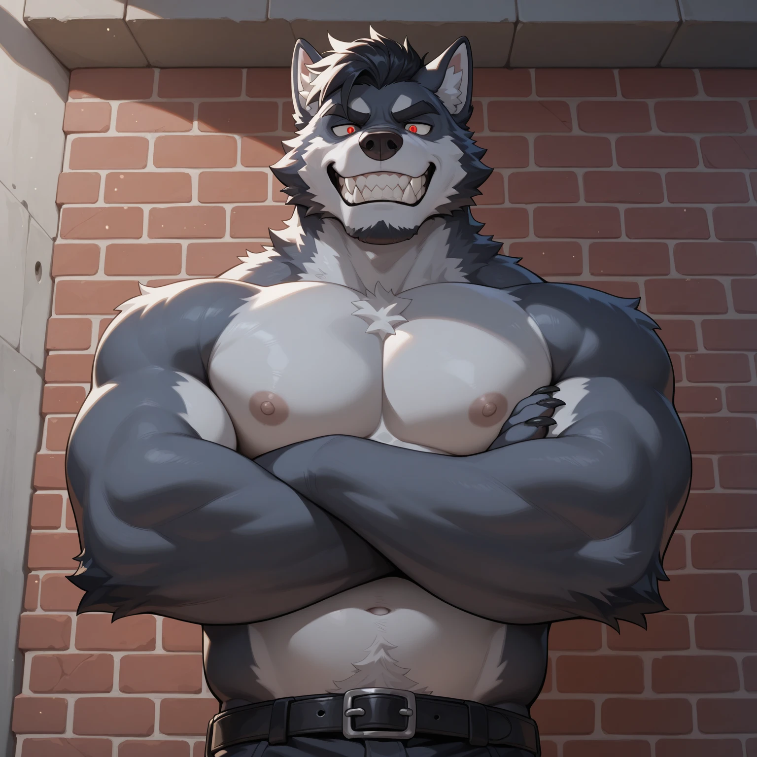 (sfw:1.5), male focus, Handsome 1boy, solitary,protrait photo, 红色的Tongue, White thick eyebrows,single, (Black nails, Black claws:1.4), Gray hair, Gray skin, (Gray tail:1.4), White Teeth, Delicate teeth, Perfect Teeth, (Perfect blue eyes:1.4), (Gray body:1.3),
Gray Wolf, grey wolf, wolf boy, wolf body, (evil eyes, big eyes, large eyes:1.4), Tongue, Wolf Tail, (Chubby, The body is huge, Larger face:1.3),
(Black chain around neck:1.4) , (Black leather belt:1.3), (Wearing black overalls and black sneakers:1.3), (Lots of scars, lots of scars, Lots of scars:1.3),
(full body:1.3), (Middle-aged men,Mature men:1.4), (Strong body, muscle,Strong male, muscle男, Bare chest muscles:1.3), Red nipples, (Abdominal muscles:1.4), belly button, (bare arm, Thick arms:1.3), (Standing:1.3), win sway, Agitated, Squint, Charming, charming, (Looking at the audience, Focus, Eyes gaze:1.1), enjoy, (open mouth:1.4), (evil smile, evil grin, Smirk, evil smile, Evil smile:1.5), (One hand in pocket:1.4),
full background, street, confusion, Street Lights, (heavily clouded, cloudy day, remote and desolate, Dim environment:1.3),
Mysterious and romantic atmosphere, Caustic lines(refraction, polarization)Perfect anatomical structure, absurd, Detailed background, (Delicate eyes:1.3),Printing style。((artist:Takemoto Arashi))