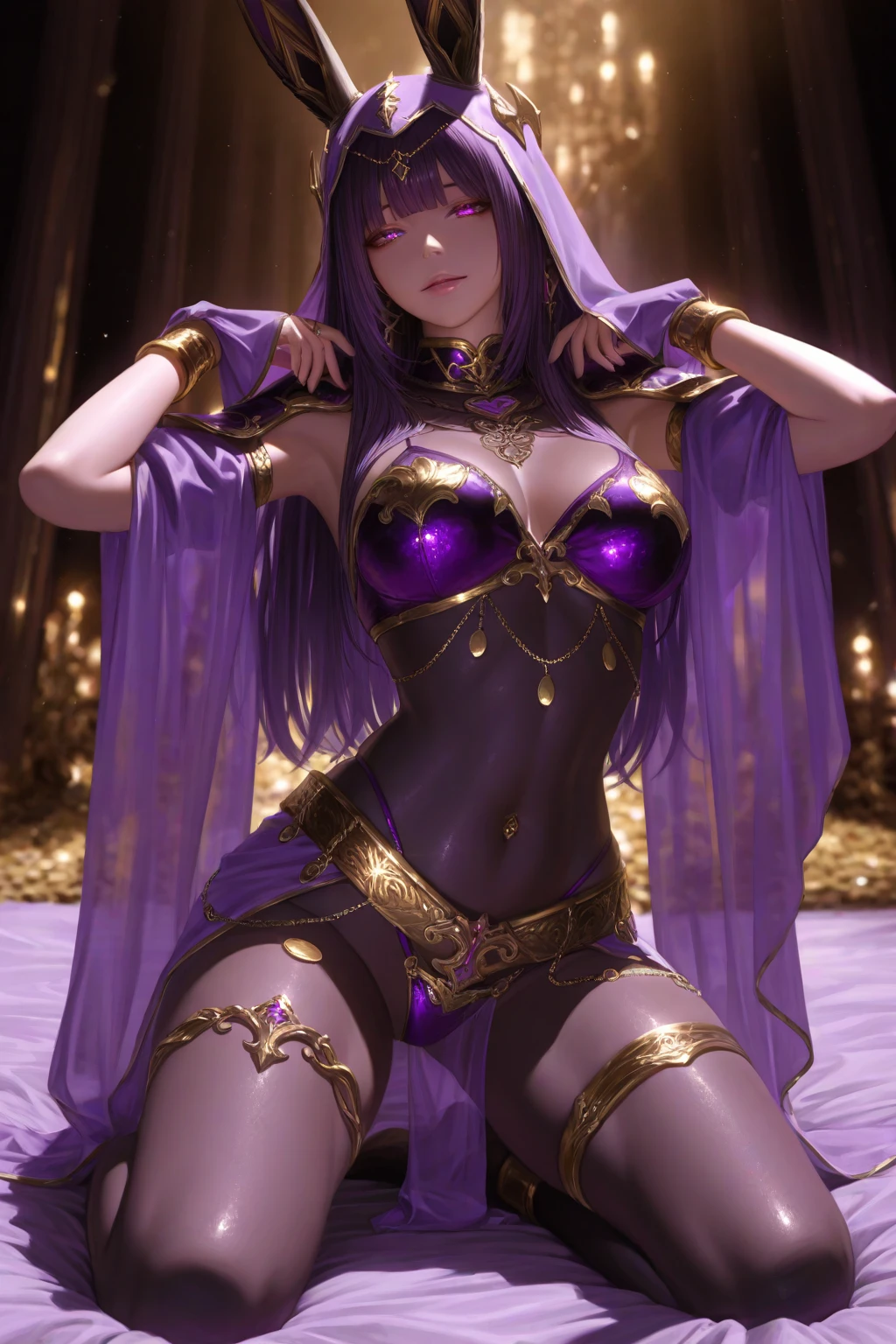 1girl, from below, sitting, lotus position, meditating, red gem on forehead, natural breasts, long hair, purple hair, closed eyes, purple bikini, golden bracelet, golden necklace, seafloor, masterpiece quality, ultra HD, 4K, best quality, 