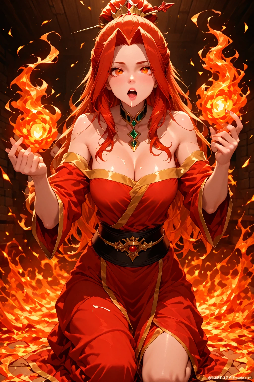 beautiful young woman, perfect body, perfect boobs, perfect thighs, long curvy messy red hair, red eyes, wearing red linen ancient tunic, highly detailed enchanted cloths, flames are twisting around her body, fire radiation, flame sparks around her, flaming field background, masterpiece, ultra realistic, 4.5 head to thighs photo, dynamic pose, blur motion, hd, 8k