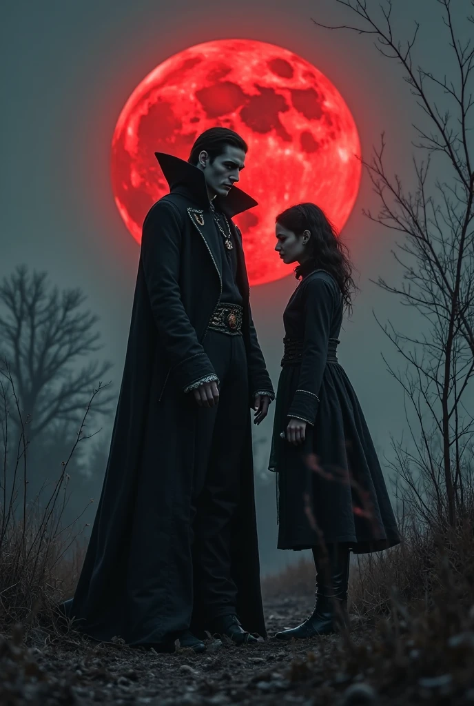 Image of two tall people, black clothing dress. Red cape with glowing eyes and sharp teeth. On the mud road at night There were vampires, PICTURE REALISTIC, high resolution, 8K 