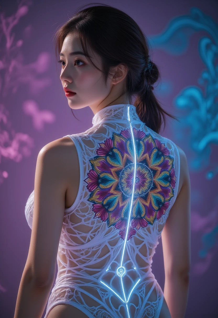 (masutepiece, of the highest quality, Best Quality, Official art, Beautiful and aesthetic:1.2), (1girl in:1.3), Extremely detailed,(Fractal Art:1.2),Colorful,highest details,( Zentangle Neon:1.2), (Dynamic Pose), (Abstract background neon:1.5), (Congressional Dresses:1.2), (Shiny skin), (Many colors:1.4), Upper body ,neons,16 K,Full-HD,nffsw,Nude Poses