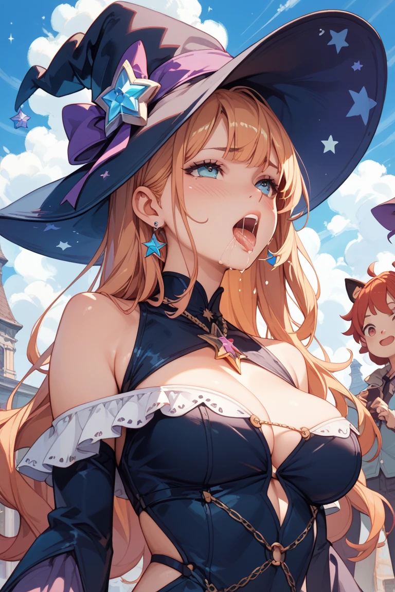 (Masterpiece: 1.5), (Best Quality: 1.5), Perfect Eyes, Perfect Face, Volumetric Lighting, 1 Woman, Mature Woman, (Whiteness: 5), fox ears, fox tail, dark brown hair, green eyes, sexy, enormous breasts, cleavage, sexy, thick tights, witch dress, witch hat,