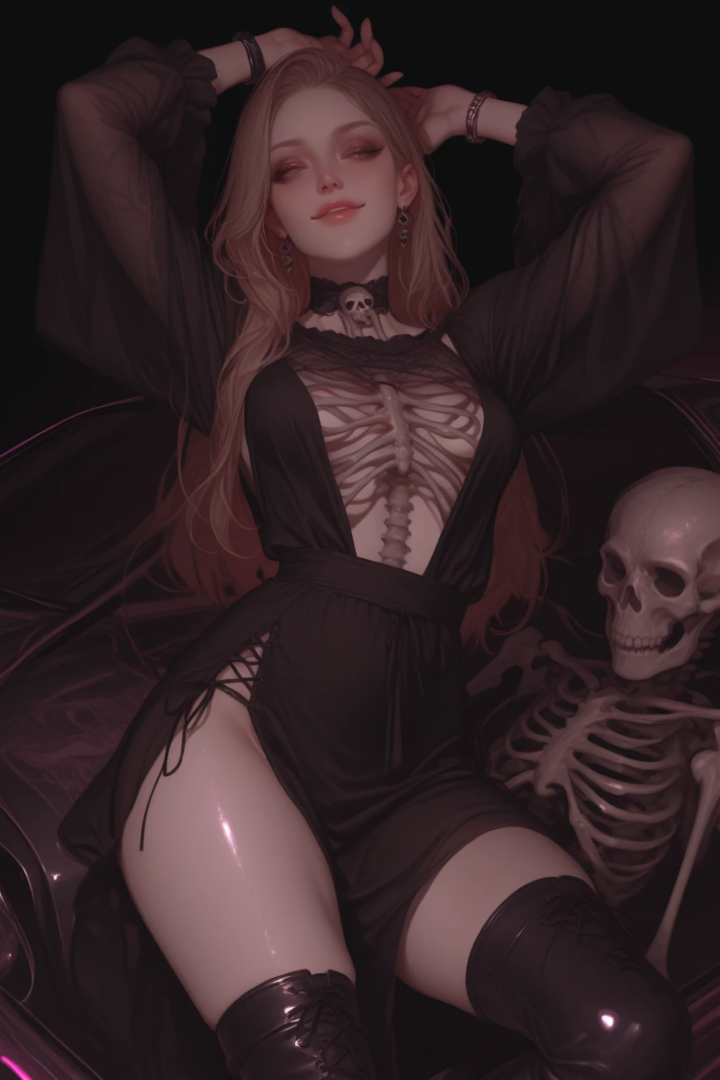 The beautiful girl in lace top and leggings is sitting astride a pile of skeletons in the center of the picture. She is holding a trembling sausage with juice squeezed out in her hand and smiling. There are multiple comic storyboards in the background，cbt, sausage bondage,sausage insertion,Sexy, trampling sausage with high heels heel,(masterpiece, best quality:1.2)，1 beautiful girl,sexy，comic storyboard:2, leggings, sit astride, axially symmetrical:2, ,femdom，sounding，cbt，hold，smile，colorful，leggings，thin gap，cameltoe，insertion，trembling，juice，spray， Long hair,Lace top,Sexy, Shiny leggings, High heel，cleveage, trampling, in forest, saliva , Mucus，