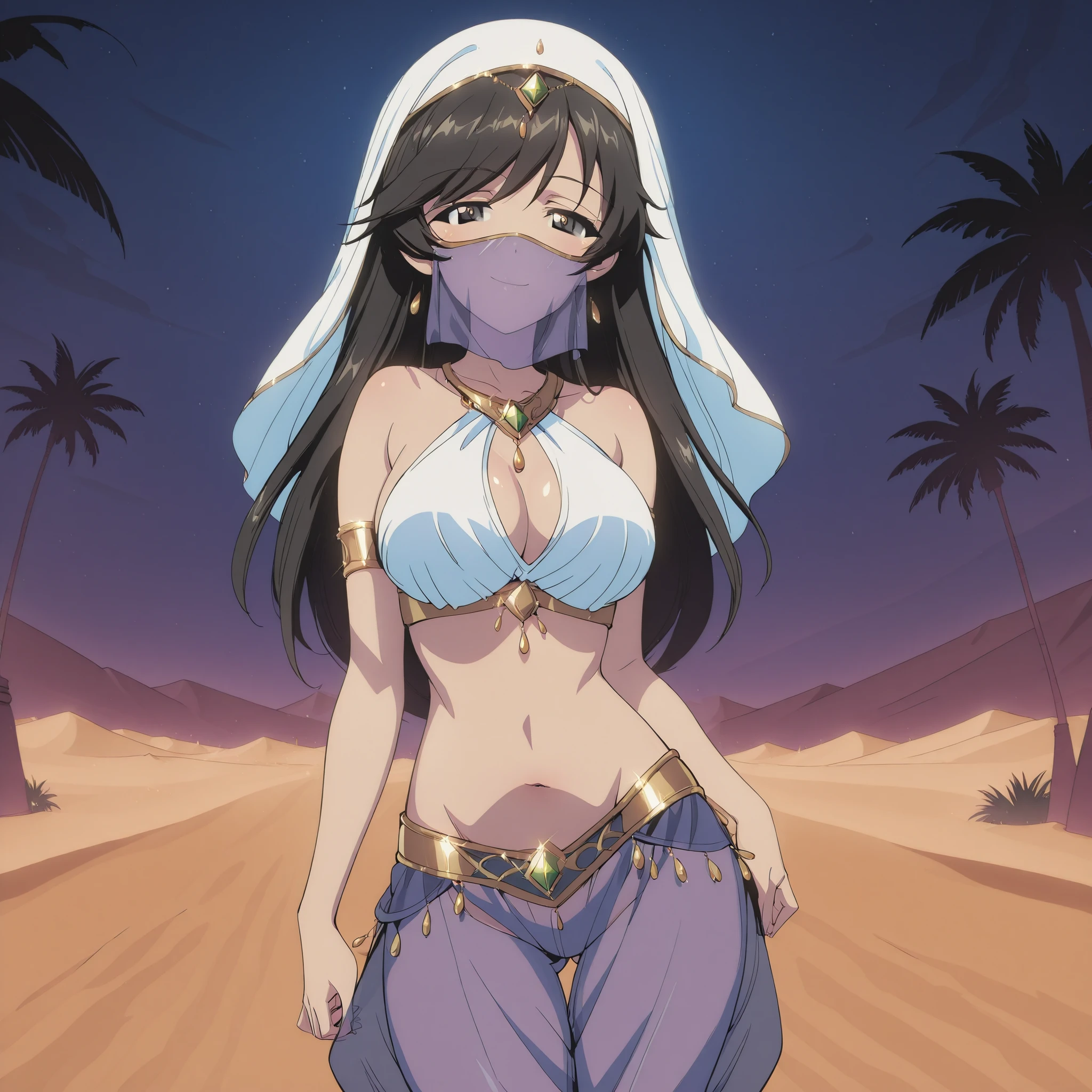 1girl:1 . 5) , (Seul:1 . 5) , score_9 , score_8_haut , score_7_haut , source_anime , Official work  , ultra-detailed , masterpiece , best quality plaid shorts , high res , beaux yeux , detailed eyes , Detailed Face , beautiful detailed eyes ,Girls Und Panzer,Hana Isuzu, Arabian Clothes , Arabian Dancer ,belly dancer costume ,mouth veil, veil , golden jewelery,harem outfit, harem skirt, harem pants, transparent pants, belly dancing, harem veil , night,desert landscapse, palm tree , seductive smile, dancing with veil, dynamic movement, seductive pose