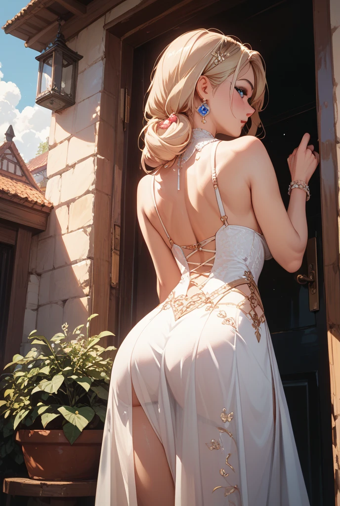 nur, nur, Ultra-detailliert, transparenter Rock, (transparentes Material), ultra beautiful, Extreme Multiplikation, Shiny crystal, Filmische Beleuchtung, lookback、lockiges Haar, Roman Karl, ruffles, cloudy, Cinderella, Dramatische Kompositionen, Extreme Detailgenauigkeit, high resolution, (Rokoko-Kleid:1.2),(langer Rock:1.5)、 Bogen, Perlenkette, Handschuhe aus Spitze, Bogen, Schleifenband,White lace panties、 (Nur der untere Teil des Rocks ist zerrissen....:1.3)erotic, ripped stocking,sexposition modelposition from behind,juicy ass,breast
