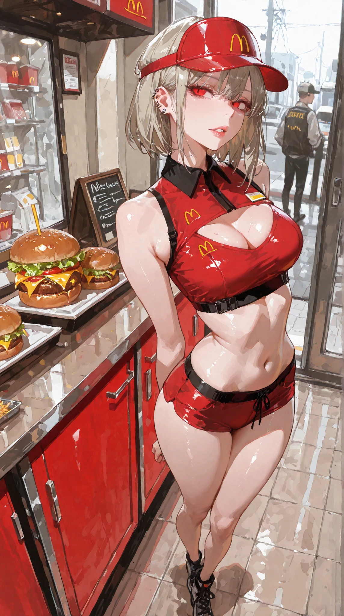 Young beautiful woman,(Highest quality,Extremely detailed depiction,Incredibly absurd high resolution,Anatomically accurate depiction,Curvy Legs,SFW),(Glowing Skin,Shiny skin,Oilskin),セクシーなBurger Shopの店員,Burger Shopの制服,Burger Shopの帽子,latex,Upper body close-up,Burger Shopで接客中,paper bag,There is cleavage in the chest,smile,background:Burger Shop