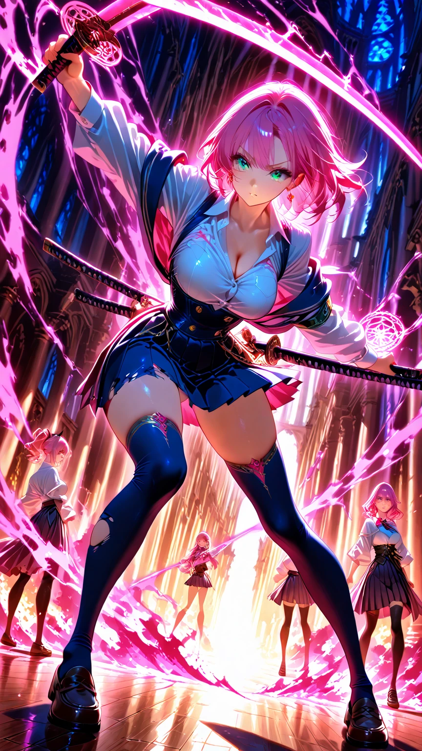 nsfw:1.1, high resolution:1.7, incredibly absurdres, kawaii:1, cute:1.5, hires.fix,incredibly fine illustration,8k,masterpiece:1.2,best quality, high quality, exquisite,beautiful,insanely detailed,intricate detailed, extremely detailed, Super Definition, ultra high res, Super Resolution, best aesthetic, ultra detailed:1.5, best quality, perfect face, detailed face,illustration:1.2, 8k cg wallpaper, stunning art,absurdres,octane render,ultra hires,(Idol),16yo,Beautiful,(Cute and lovely girl with beautiful pink hair),((((twintails)))),heart shaped hair ornament,(((green_eyes:1.3))),intricate eyes,beautiful detailed eyes,symmetrical eyes,big eyes:1.5,enchanting bright eyes studded with gold and silver dust,(((pinky and glowing_skin,shiny body,plastic glitter skin,exaggerated shiny skin,illuminated skin))),upward breasts,waist slender,(detailed body,(detailed face)),cute,daring,zettai ryouiki,cameltoe,pussy line,show skin,best relationship with four fingers and one thumb,(Perfect Anatomy),smile,((girl with sexual climax)),Garter Belt,Bare shoulders,Check out our thru-rack chokers and midi rings with chains,white micro skirt,torn clothes,broken clothes,pussy
,(red fire:1.5), (holding white flame sword:1.5), (holding blue energy sword:1.3), (purple flame katana:1.3), (swing a purple flame sword:1.3),
battle,fight,(action pose: 1.4),(vengeful spirit co