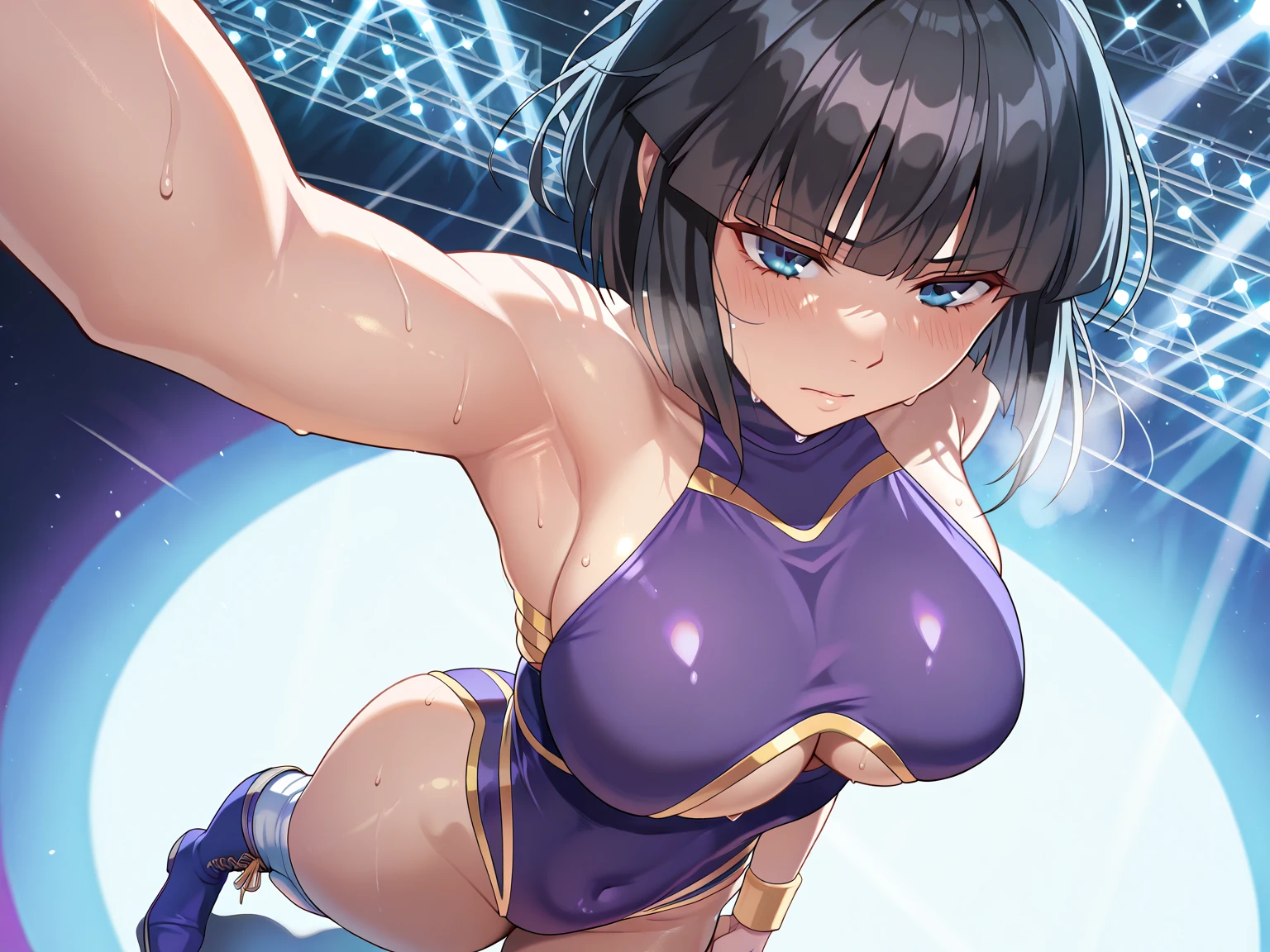Kirito, Pink egyptian clothing, blushing smile, brown skin, long black hair, standing alone in the dance hall, Super huge big breasts breast enlargement looking into camera illustration, ultra-detailed, HDR, vibrant colrs, soft lighting official art