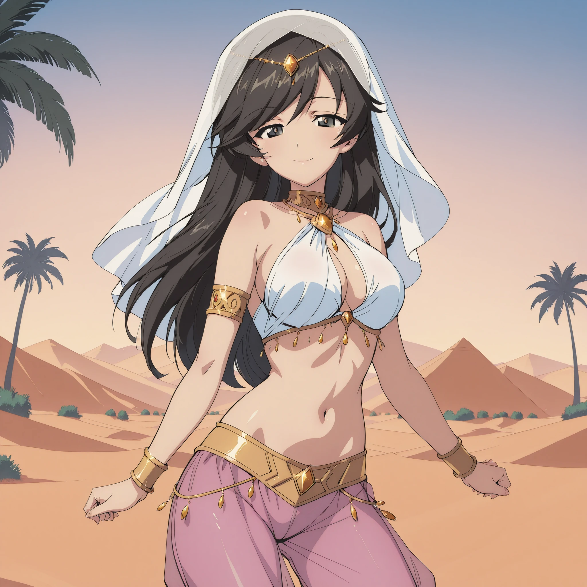 masterpiece, best quality, beautiful, young girl, cute, little belly fat, (young teen girl belly:1.3), smooth belly, big breasts, bare belly, bare stormach, (black long hair:1.4), windy desert background, view of belly, (fantasy:1.4), (cloth wrapped breasts:1.4), bare shoulders, (bandages on leg:1.1), (long black front loincloth:1.4), (lot of jewellery:1.3), (white trasperent сape:1.4), (Orange eyes:1.4), (Sexy face expression:1.4), (Assyrian clothing:1.2)