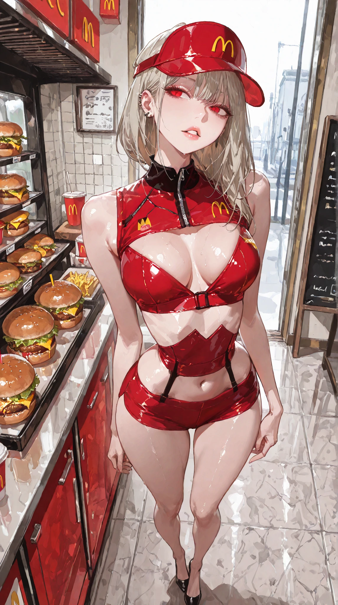 beautiful woman with blonde hair and blue eyes, pin-up style, diner, cupcakes and candy