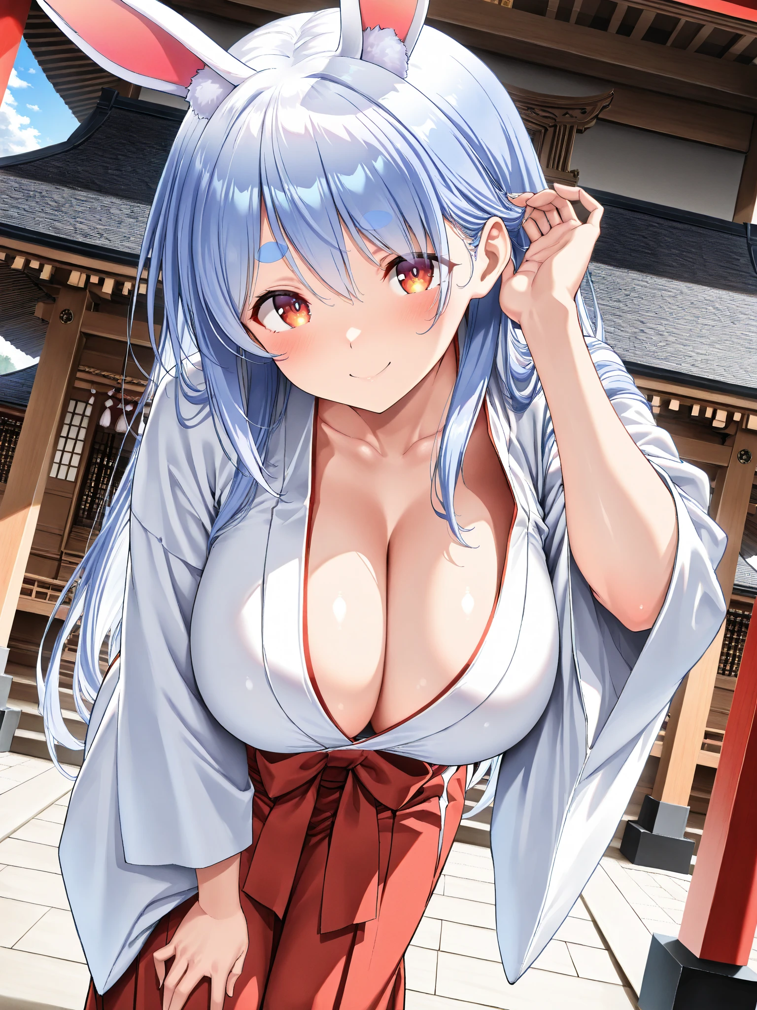 (absurderes、hight resolution、ultra-detailliert)、facial close-up、Facial emphasis、focus on face、One lady、a matural female、Old age、long straight hair、shiny and beautiful hair、blue eyess、bangss、long-sleeve、cleavage of the breast、thighs thighs thighs thighs、white panty、pantiy、Fox mask、Finely drawn eyes and detailed faces、highlight in eyes、Hands without breaks、Abundant lighting、extremely detailed CG unified 8k wallpaper、intricate detailes、portlate、gaze、独奏、Half Shot、Fine drawing face、 soft smiling、Dynamic poses、Classical period、(Ancient Japan themed:1.1)、Japan myths、fox ear、japanes、Regulations、Person Japan blue kimono、Floral kimono、Ancient theme、(Prosperous civilization:1.1)、moon in background、(snow-white:1.1)shrines、torii gate、Japanese landscape、Ancient city in the background、Fox mask on the head、Fantastical、dream-like、Dancing Light、lanthanum、Solemn evening、The Darkness、stele、portraitures、电影灯光