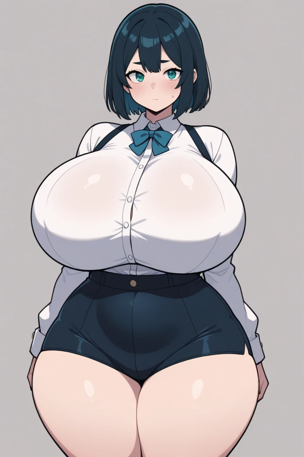(high quality, High resolution, Fine details), ((simple white background)), sleeveless shirts, corset, blue miniskirt, blue necktie, white panties, alone, Curvaceous mature woman, fleshy, short hair, (voluptuous thighs, thick thighs, curvy thighs), narrow waist, Sparkling eyes, (Fine grain:1.2), smile, blush, Sweat, Oily skin, [[from side]], full body, standing, (nsfw),