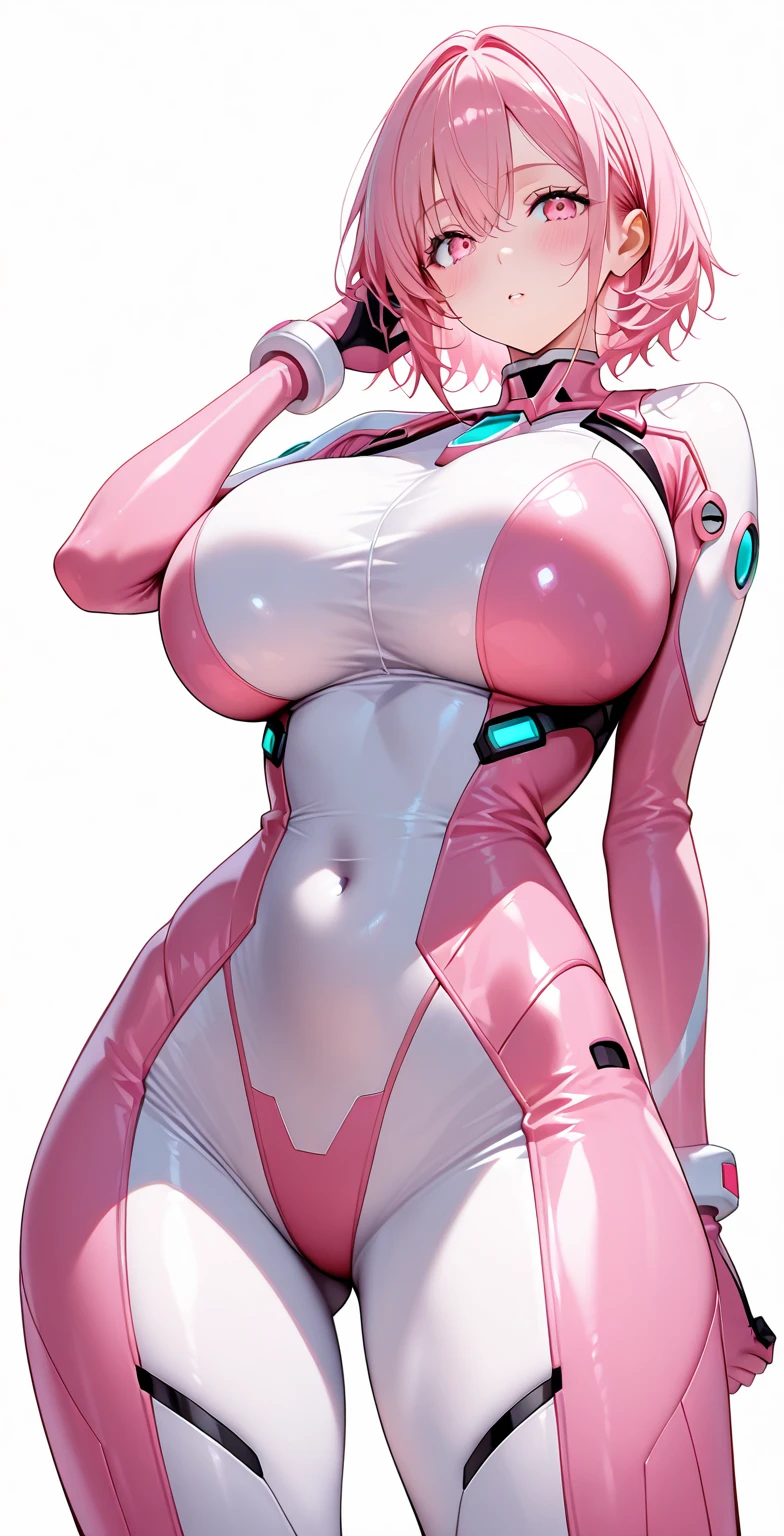 1girl, beautiful naked breasts, hard nipples, hand down the front of her thong under ware, bangs, blush, see through bodysuit, slightly open mouth, gloves, headphones, large breasts, long hair, eyes closed, pink see through bodysuit, simple background, skin tight, moaning, solo, pig tails, full body, very long hair, white background, white gloves, white hair,alice \(nikke\),(masterpiece:1.4),(best quality:1.4),(shiny skin),realistic