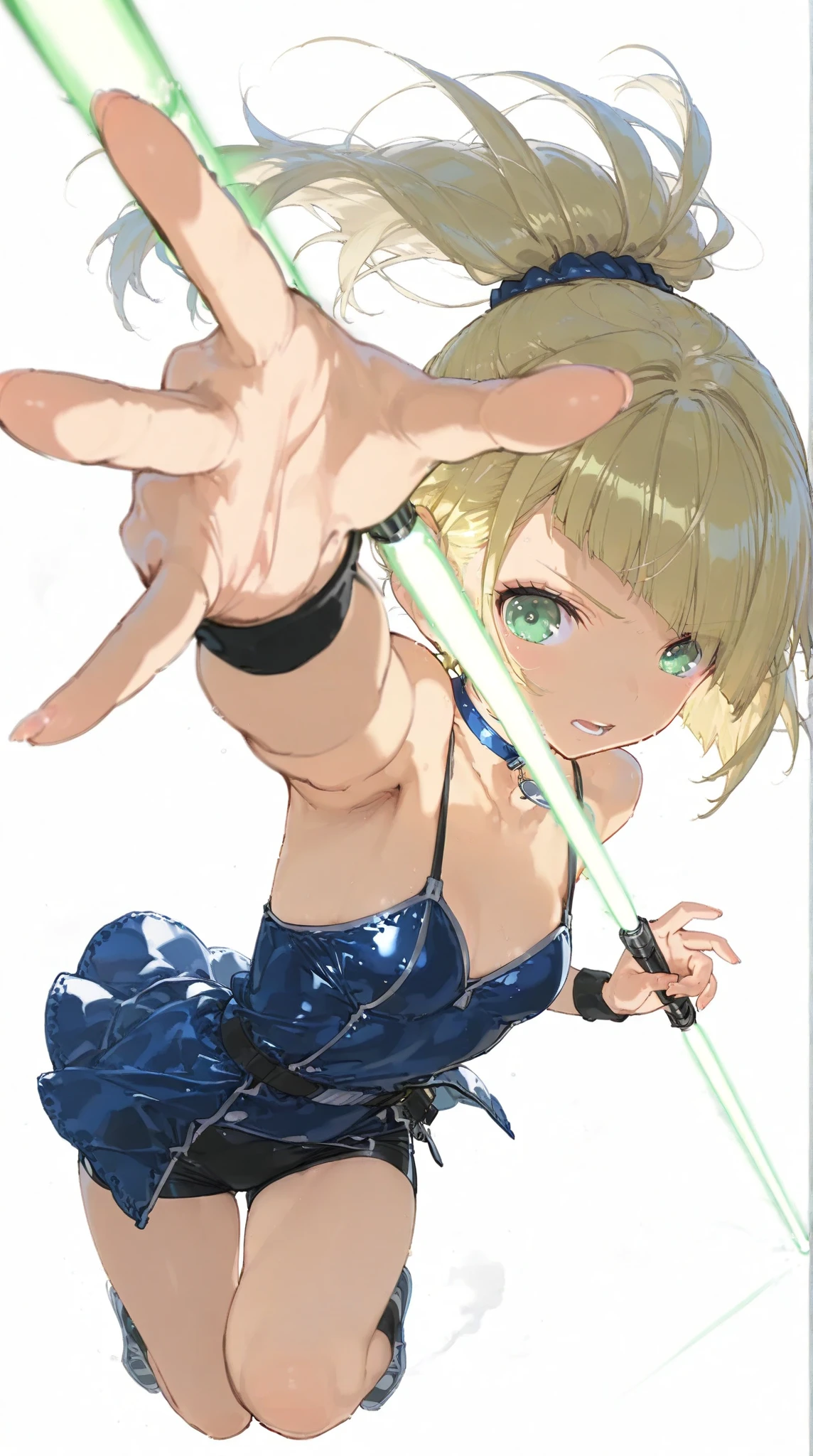 {{beautiful}}, amazing, (best quality:1.5), (masterpiece:1.5), extremely delicate and beautiful, intricate details, finely detailed, extremely detailed, beautifully detailed, ultra-detailed, (hyperdetailed:1.5), high resolution, (illustration), watercolor pencil, Clear line drawing, (ufotable style:1.1), 1girl, okita_souji \(fate\), smile,open_mouth, swimsuit, white bikini, side-tie bikini_bottom, armpits, wristband, large_breasts, beach_background, blonde_ponytail,apart_legs,,happy,solo,XD,arms,knees,sandals,medium_thighs,hold_katana,katana,elbows,running,