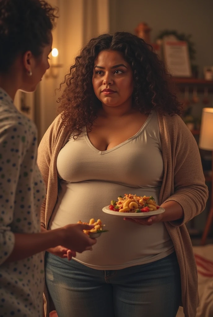 Obese woman watching from a distance a failed man clearing the tables in the cafe