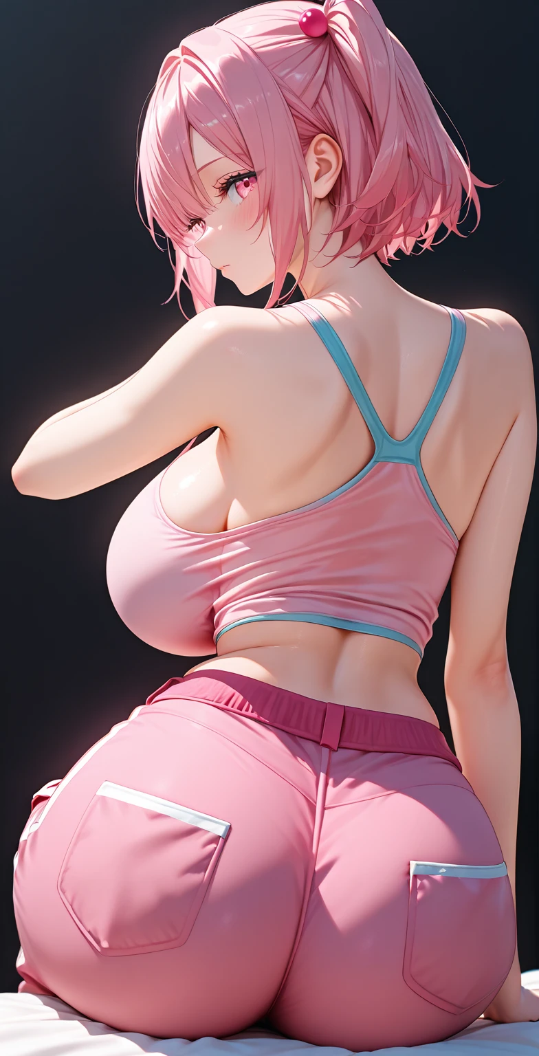 cleavage, detailed, highres, sexy, wide hips, 1 girl, blue eyes, pink hair, Jeans, beautiful tank top, seductive neckline, gyaru, lips, Naughty girl smile