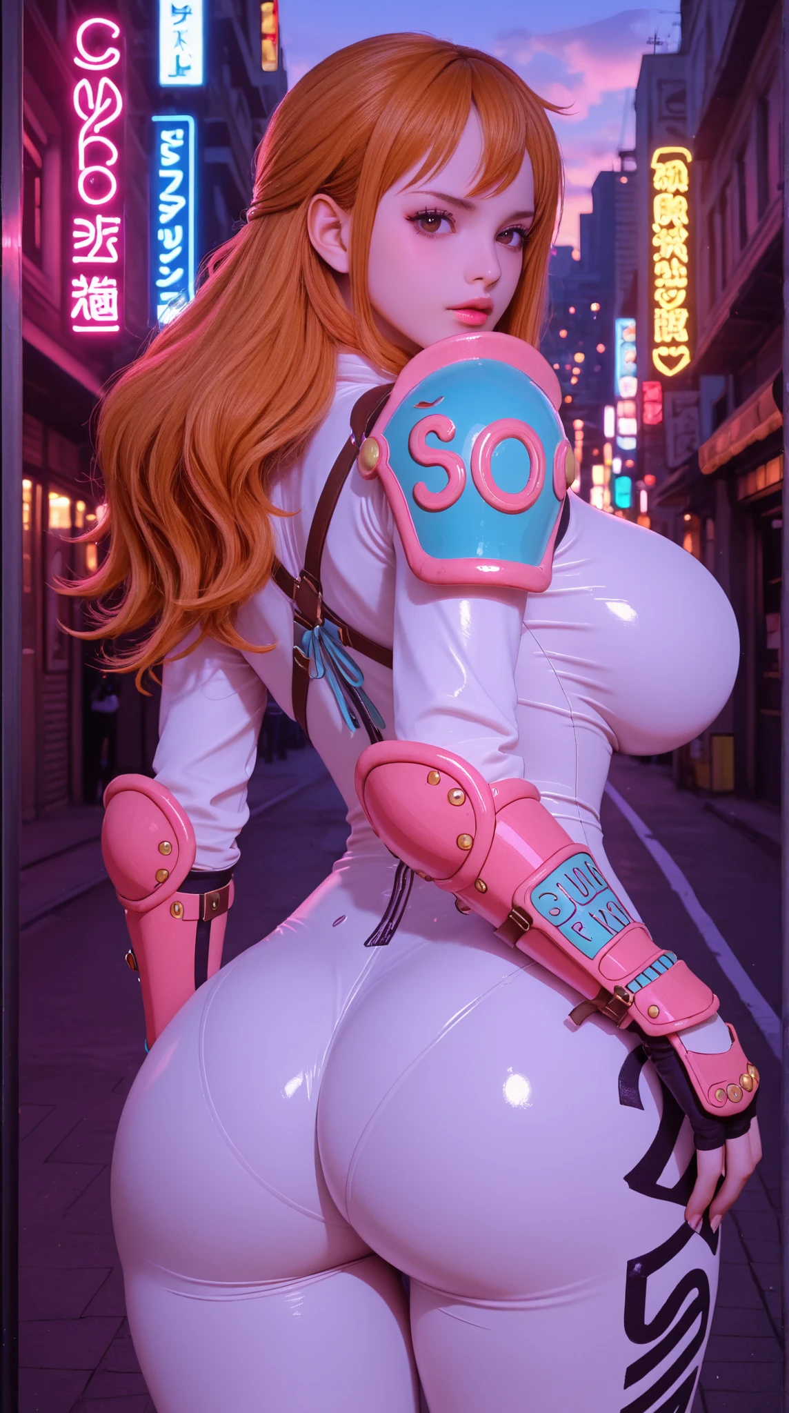 a close up of a person wearing a hat and glasses, fashion gameplay screenshot, glitchpunk girl, stylized digital art, in a cyber - punk ally, stylized digital illustration, neonpunk, pink iconic character, as a retro futuristic heroine, cyber universe style, background artwork, cyber style, hero pose colorful city lighting, in style of digital illustration, (huge breasts:1.3), (nipples)