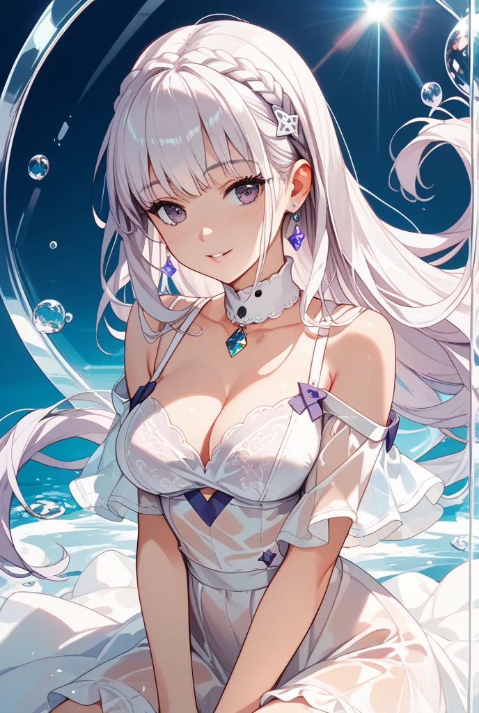 (Background with), tmasterpiece, best qualtiy, illustration, the wallpaper, hyper-detailing, absurderes, Lori huge breasts cleavage, 独奏, (liquid hair:1.2), beatiful detailed eyes,
By bangs, cow boy shot, long whitr hair, magical little girl, whaite hair, wave, Eau, water dripping, Looks to the side, wading,
(the street:1.5), suns, mostly cloudy sky,