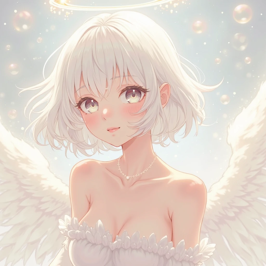 1girl, shy, small, cute, demon, fiddling, looking up at viewer, wings, white hair, dark skin, bikini, mini skirt