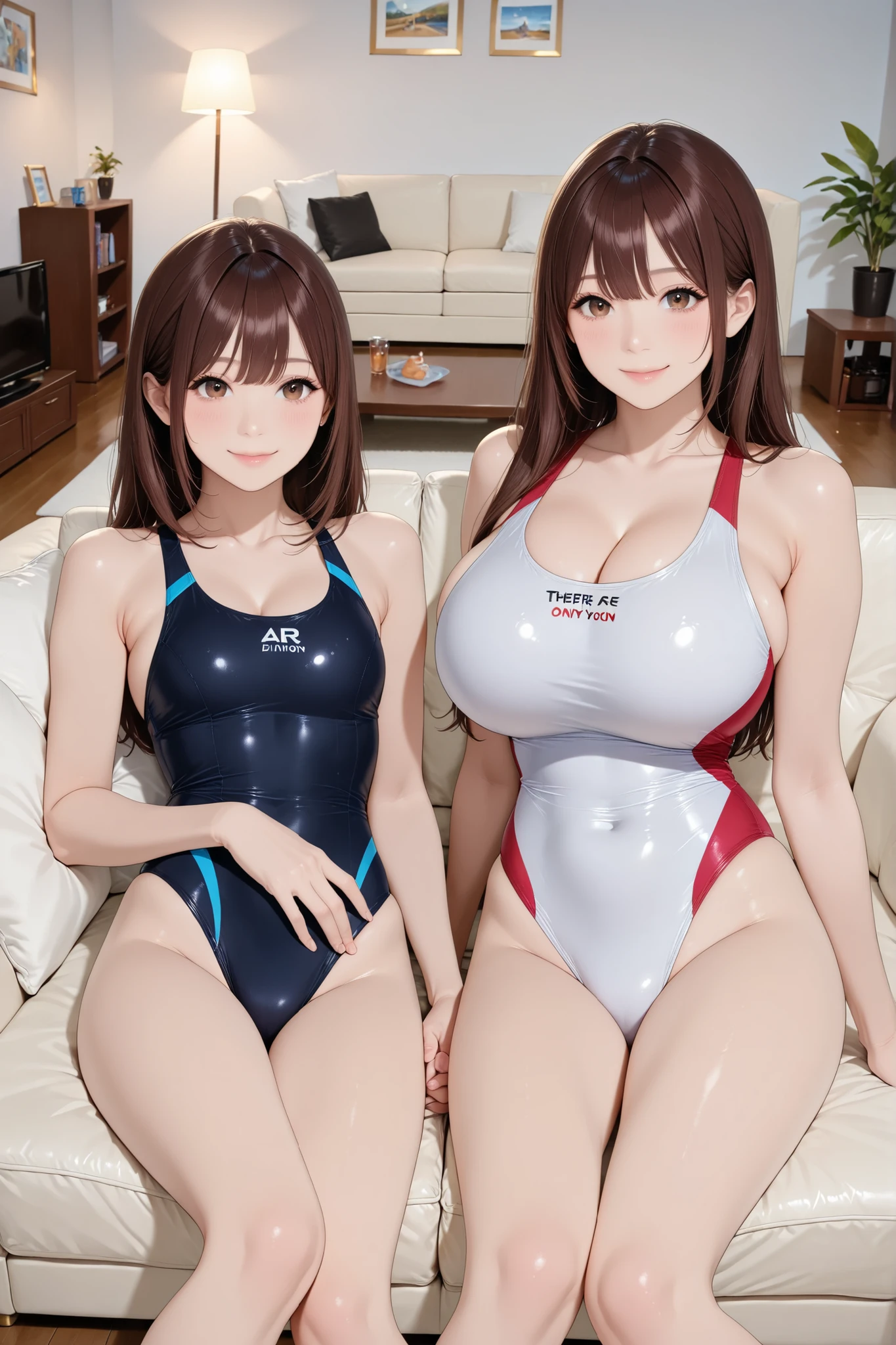 top-quality、Full limbs、complete fingers、Beautiful Large Breasts、Brown-haired woman、straight haired、Woman with waist-length hair、Woman in blue and red competitive swimsuit、Brown pantyhose、in the bus、A big smile、Naughty Poses
