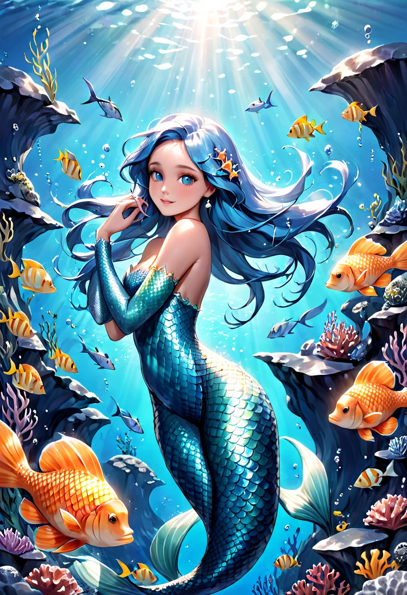 A cute woman mermaid (turquoise hair, pale skin, blue scales, breast covers) is dancing with a blue shark deep in the ocean, glowing creatures watch nearby lighting the scene
