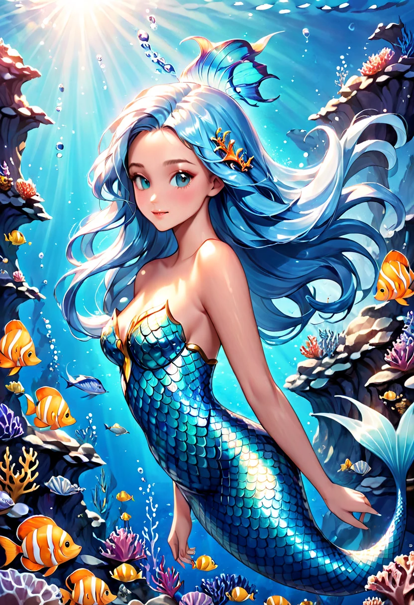A cute woman mermaid (turquoise hair, pale skin, blue scales, breast covers) is dancing with a blue shark deep in the ocean, glowing creatures watch nearby lighting the scene