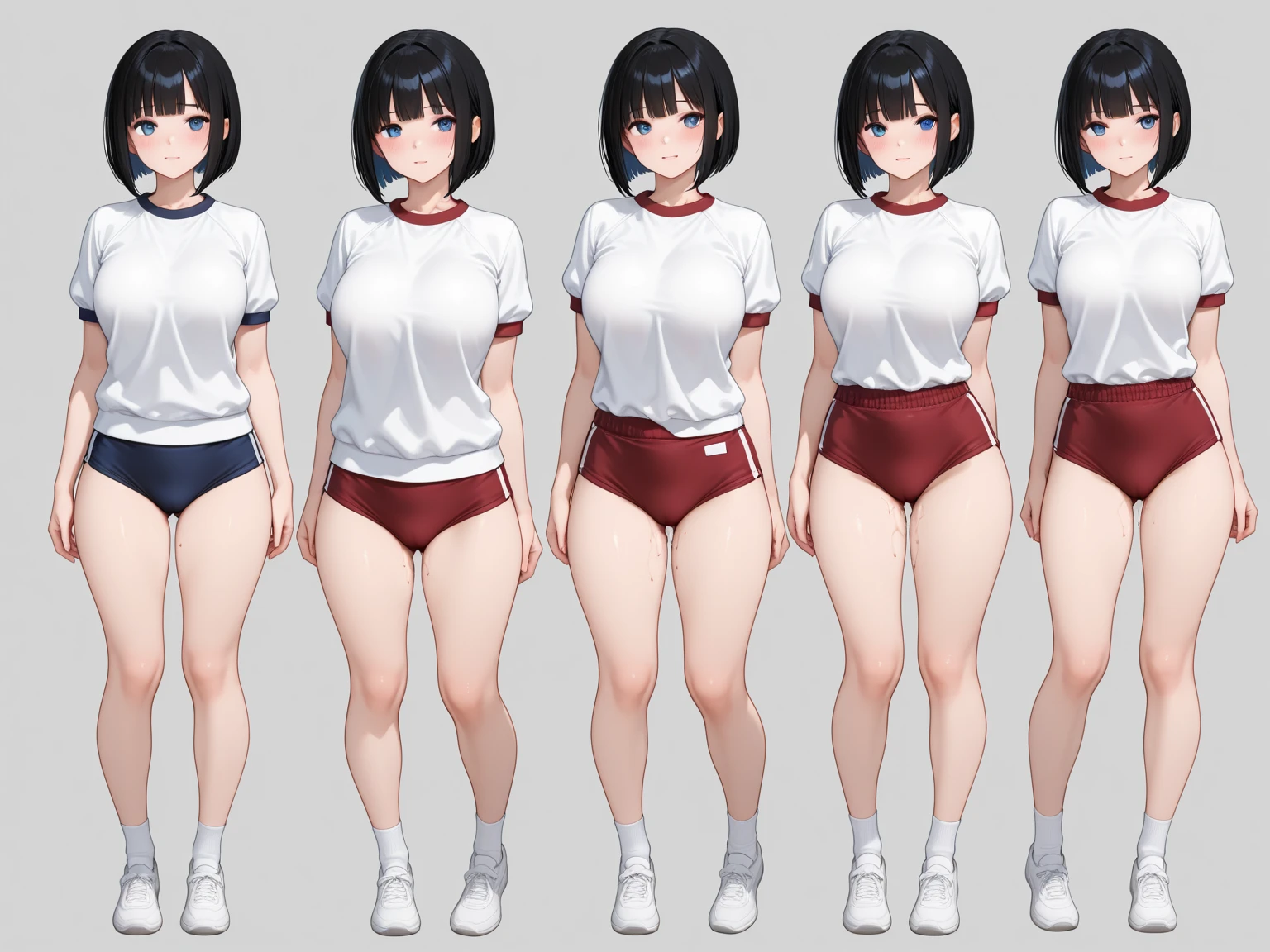 ((full body)),(masterpiece, best quality), (2 girls1.5) ,((Contrapposto:1.5)), looking at viewer, walking,((v_arms:1.2)), {{wearing gym_uniform:1.3}},, BREAK masterpiece black hair, ((long hair:1.2)), ((parted bangs:1.3)), black eyes, good hand, ((small breasts)), (over 20 years old, under 25 years old:1.2), , spotlight, happy, smile, BREAK white background