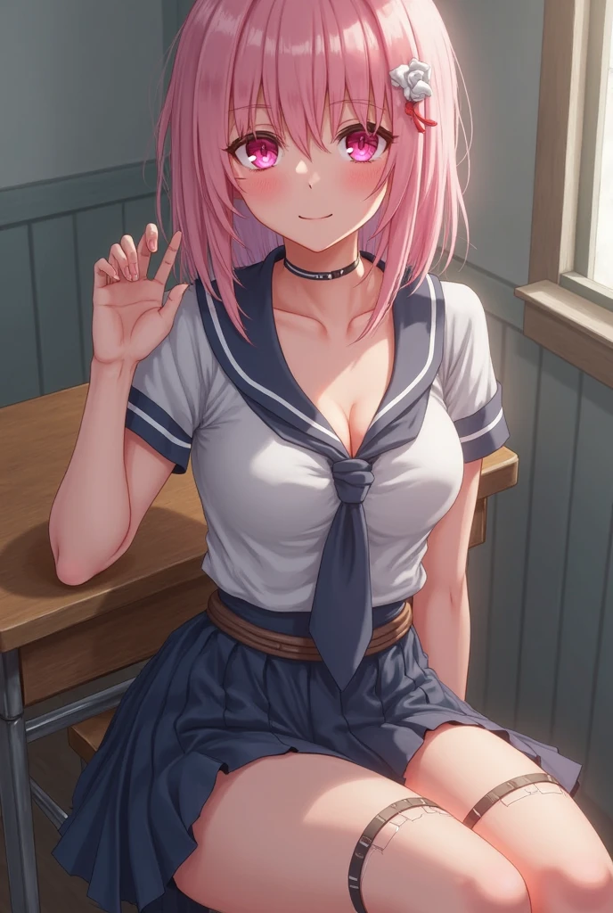 school girl, with uniform, breasts out of shirt, hand touching vagina. horny expression. kneeling on the mat.