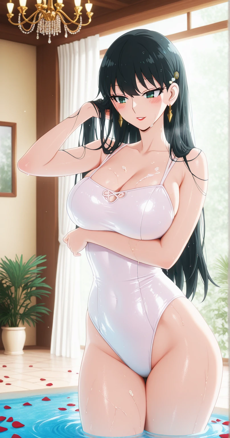 bleach,1 girl,long hair,bangs,black hair,curly hair,ponytail,swollen lips,painted lips, thick lips,reveal cleavage,sweaty,shiny skin,erotic smile,big breasts,teacher,bath towel,hot spring,night
