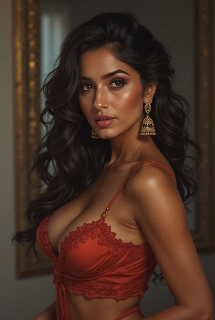 exotic Indian girl, ((front face)), looking at the viewer, (((saree and bra))), (Big Tits:1.5), clear curvy details, beautiful curves, detailed eyes, detailed pupil, Ultra Detailed, unity 8k wallpaper, ultra detailed, aesthetic, masterpiece, best quality, photorealistic, HDR (High Dynamic Range), Ray Tracing, NVIDIA RTX, Super Resolution, Unreal 5, Subsurface Scattering, PBR Textures, Post Processing, Anisotropic Filtering, Depth of Field, Maximum Acutance and Sharpness, Multi-layer Textures, Albedo and Highlight Maps, Surface Shading, Accurate Simulation of Light-Material Interactions, Perfect Proportions, Octane Rendering, Two-color Light, Large Aperture, Low ISO, White Balance, Rule of Thirds, 8K RAW, Realistic