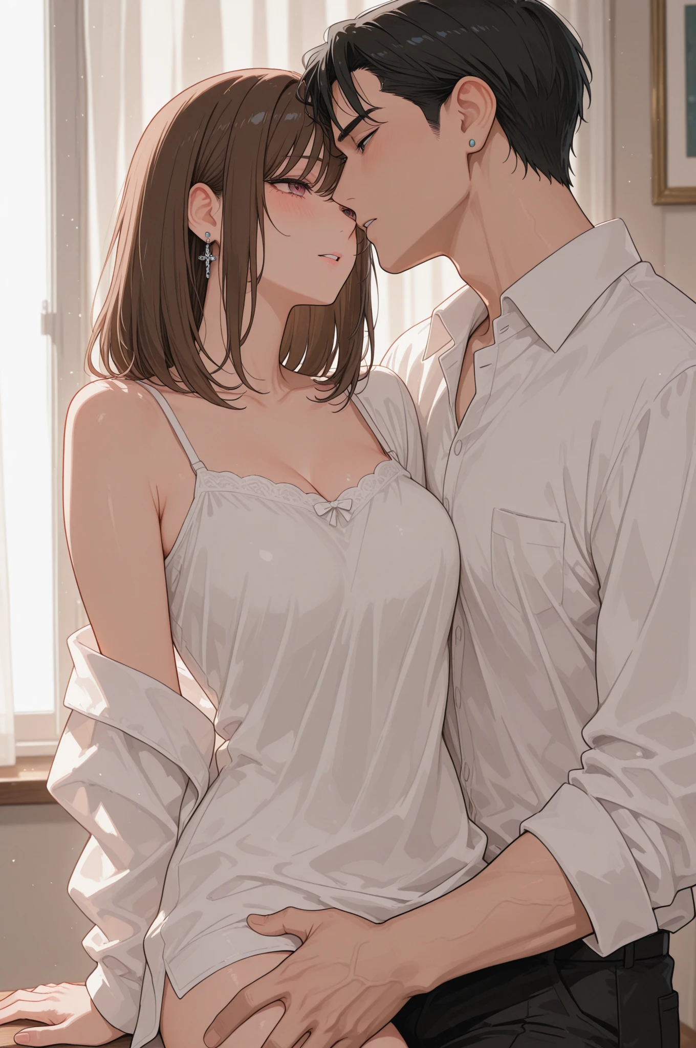 masterpiece,best quality,ultra detailed　,1girl　 ,black hair　 ,medium hair　 ,wavy hair　A boy is fondling my breasts