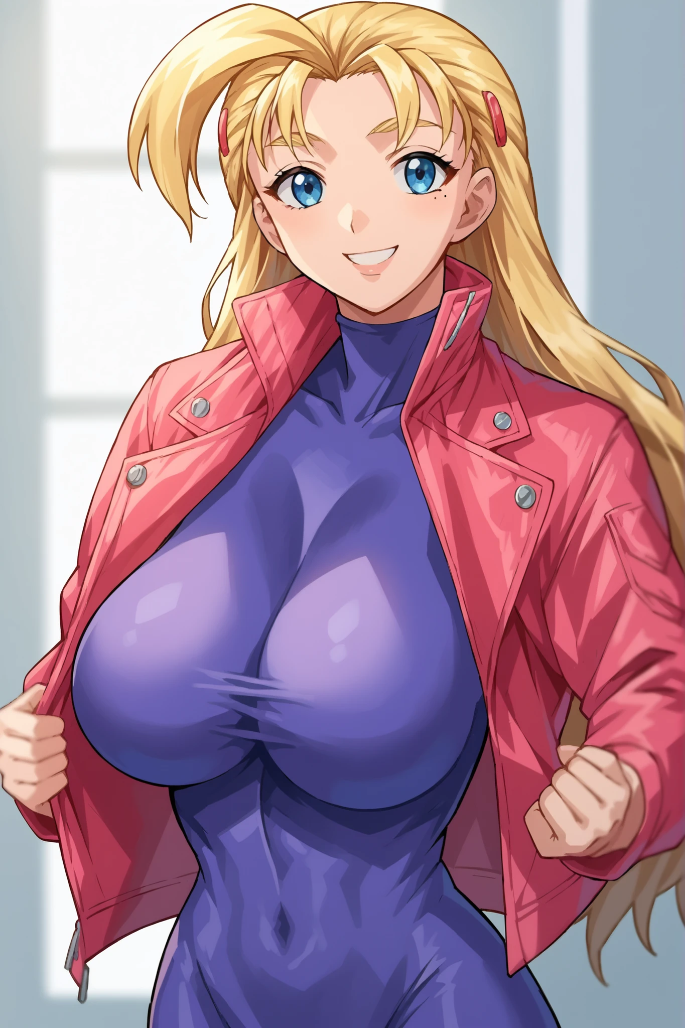 (Reiko Akimoto, solo), (sleeveless, pink police uniform), embarrassing big smile, (masterpiece, best quality), delicate illustration ultra-detailed, sagging gigantic huge breasts, (in police box, counter desk), ((showing hairy armpit hair)), upper body only, sweating, hand behind head, stomach hair, bukkake, cum shot, hentai atmosphere, blonde, big hip