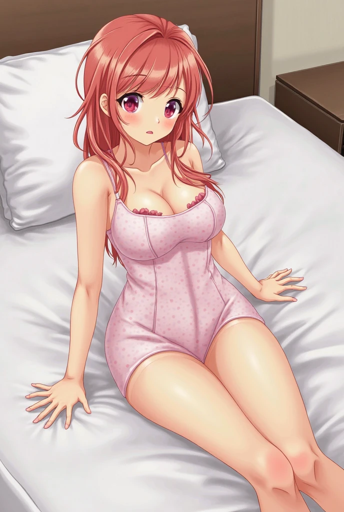 redhead woman wearing pinkish pajama dress, happy, intricated details, anime style, 8k