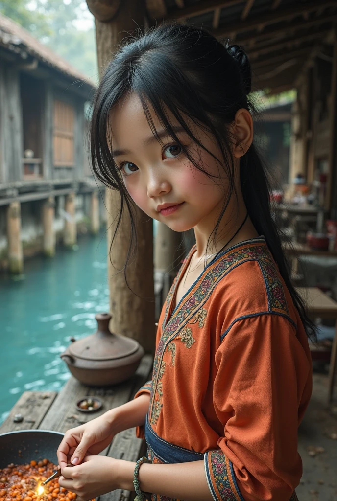 Japan, 1929. A little ((((9-year-old)) Sayuri)), strikingly beautiful, delicate facial features, porcelain skin, expressive eyes, in a fishermen village, ((((running)))) under ((pouring rain)), ((((clothings from the 1920s)))), ((hairstyle of the 1920s)), color