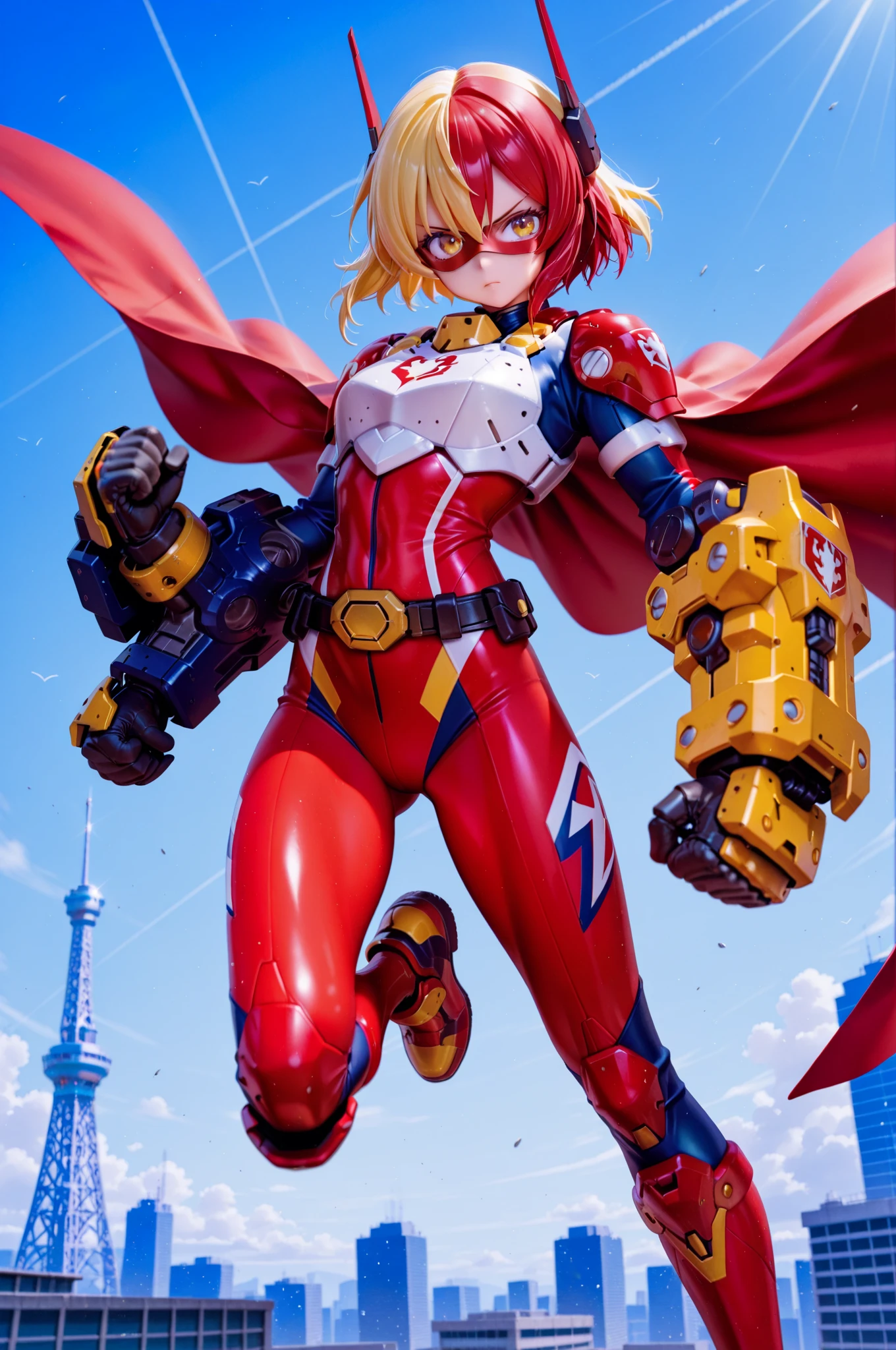 A SEXY TEENAGE POWER GIRL SOARING HIGH IN THE SKY WITH HER LONG RED CAPE BILLOWING BEHIND HER GRACEFULLY, BIMBO SIZED BOOBS, SHORT BLONDE HAIR AND DREAMY BLUE EYES, SUPER DETAILED, TEXTURED, SKIN PORES,