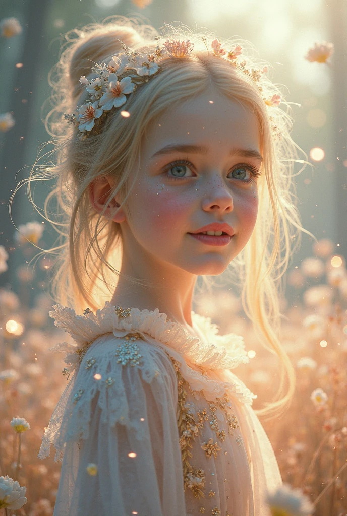 Clara is a 5-year-old girl with an angelic appearance. Her hair is as blond as sunlight, falling softly over her shoulders in golden curls. Her blue eyes sparkle with innocence and curiosity, like two glittering pearls. She has delicate freckles that look like they were painted by angels on her pert little nose.